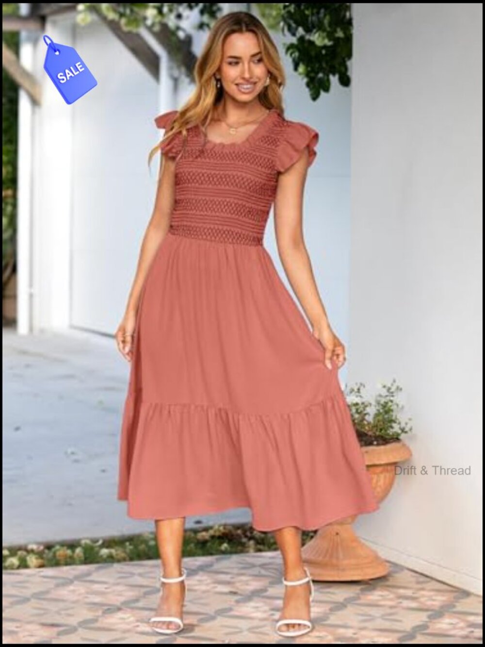 Women's Boho Smocked Waist Midi Dress with Pockets - Picture 3 of 6